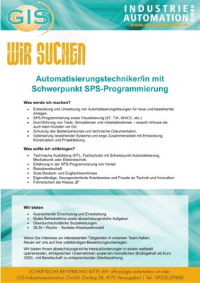 Stellenanzeige SPS-ProgrammiererIn